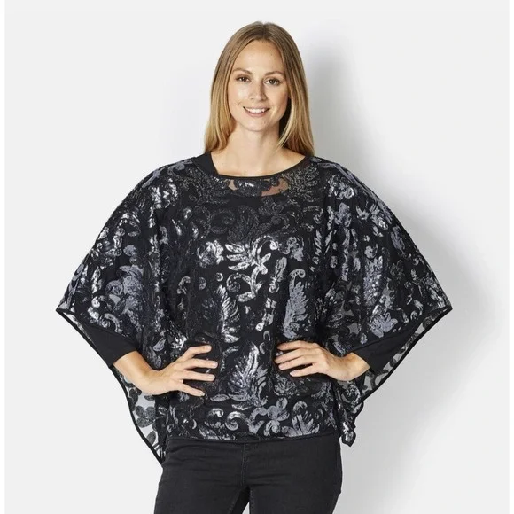 Bob Mackie Wearable Art Black Sequined Lace Poncho Top 3X Gunmetal Artsy - Picture 1 of 6
